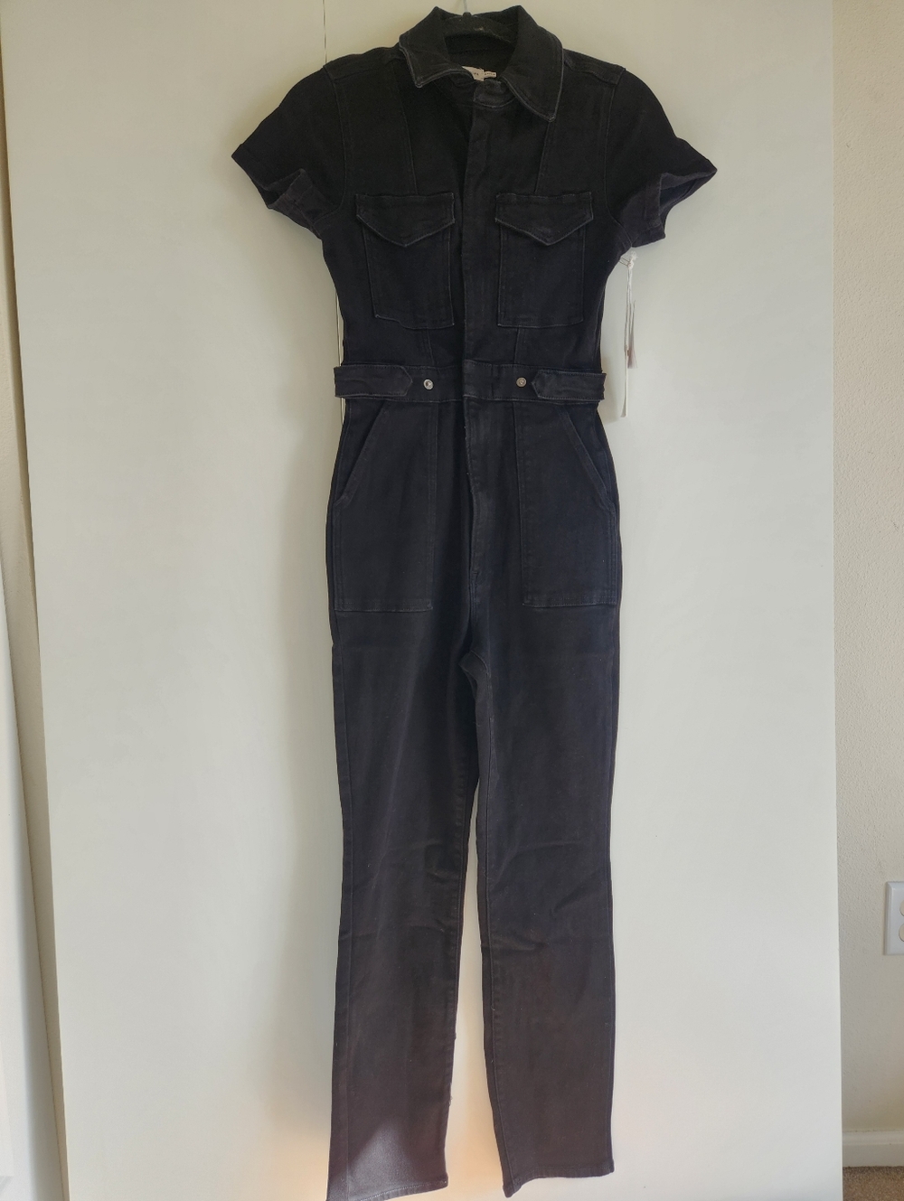 Good American Fit For Success Jumpsuit Black Denim Short Sleeve Belt Size Small